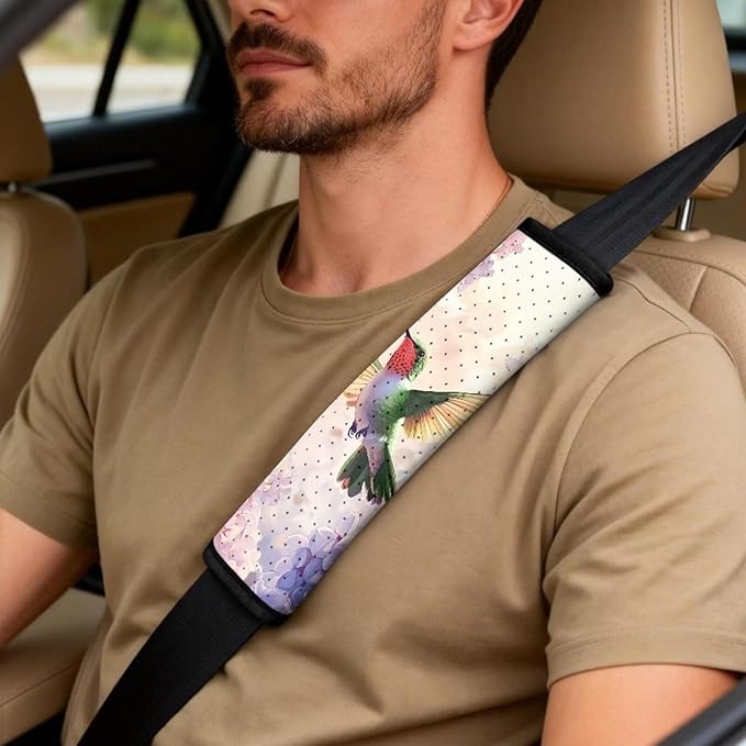Qeluxign 5 Piece Car Seat Covers Full Set,Hummingbird Lavender Floral Front Seats Cover/Auto Seatbelt Shoulder Pads/Center Console Armrest Cover,Universal Car Accessories Men Women Gifts