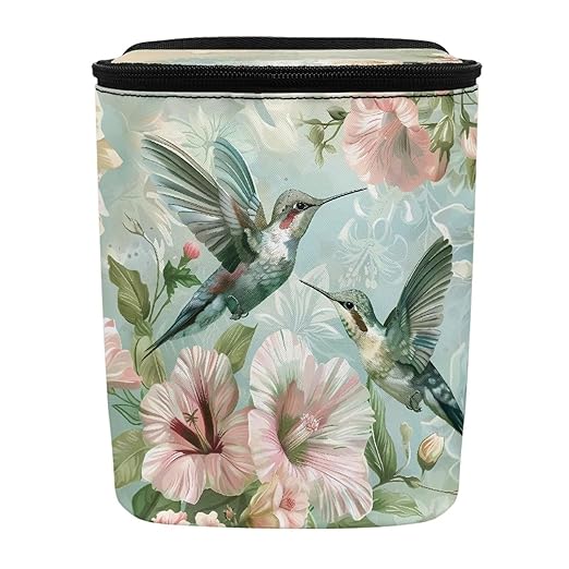 Flower Hummingbird Pattern Automotive Garbage Can Bin with Lid,Washable Car Trash Can for Travel，Cars，Universal Fit Hippie Car Accessory Interior Set
