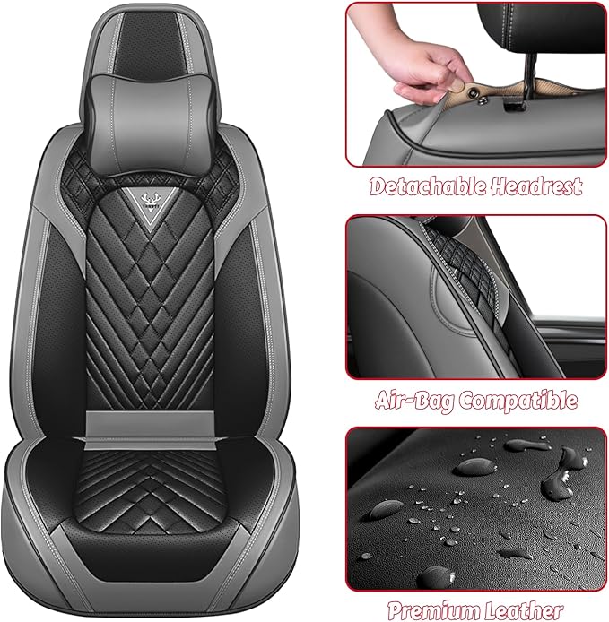 LPDK Fit for Kia Sportage Car Seat Covers Front Set 2pcs with Waterproof Leather,Lumbar Muscle Pain Healing Function,Airbag Compatible Automotive Breathable Seat Protectors(Ash Black with Pillow)