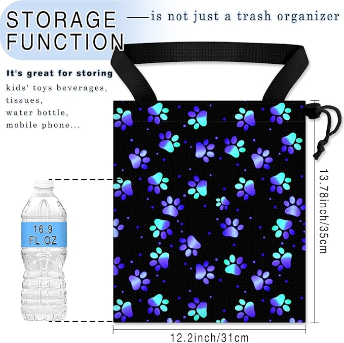GEGEPINK Car Trash Bag Hanging Back of Seat Waterproof Small Cute Printed One-handed Strap Drawstring Garbage Bags for Car-Paw Print