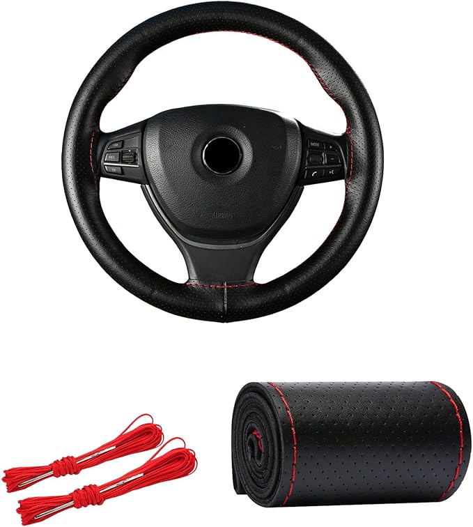 Kewucn Genuine Leather Steering Wheel Cover, 15" Universal Car Steering Wheel Protector with Needle Thread, Breathable Anti-Slip Steering Wheel Cover DIY Stitch on Wrap (Black & Red, Full Hole)