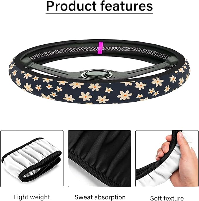 Steering Wheel Cover Neoprene Material Most Cars Men&Women Universal 15 inch Premium Non-Slip Spring Steering Wheel Protector Floral Car Accessories (Daisy Flower)