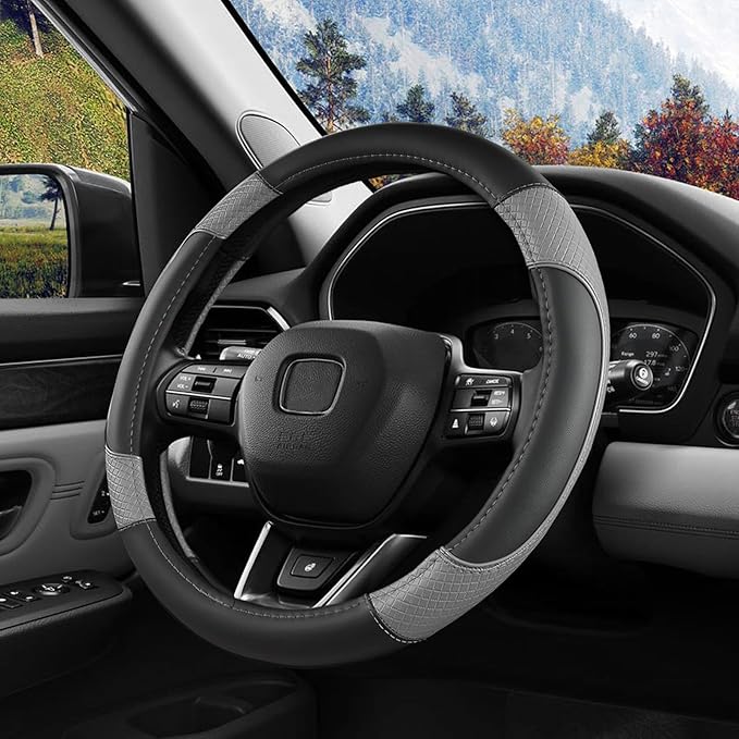 ANMOSVO Steering Wheel Cover for Honda Civic Accord CRV HR-V Pilot Passport Odyssey - Microfiber Leather & Anti-Slip Safety Design 14.5-15 Inch Custom Fit (Gray-Standard Size)