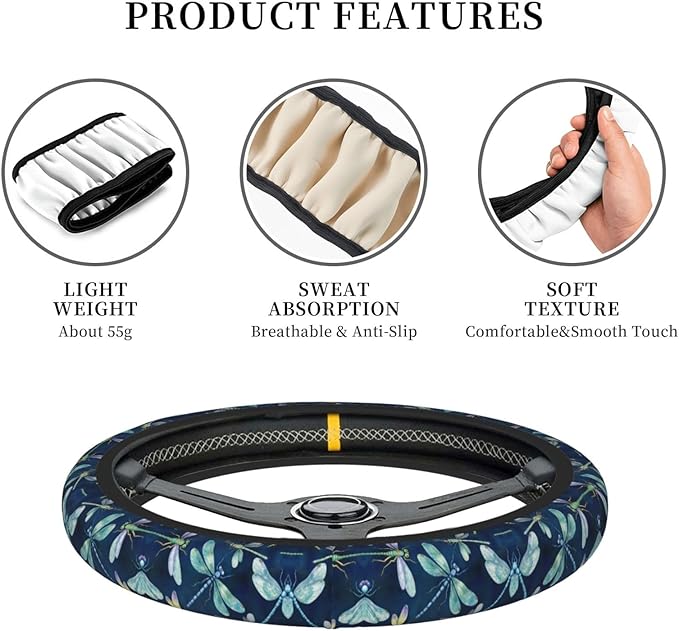 Watercolour Beautiful Dragonfly Insect Neoprene Steering Wheel Covers Women Men Car Accessories, Universal 15 Inch Fit Auto, Suvs, Truck