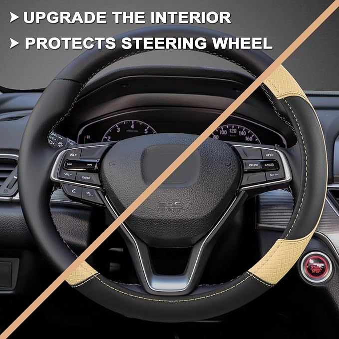 GIANT PANDA Microfiber Leather Steering Wheel Cover for Honda Accord,Civic,CR-V,HR-V,Pilot(Diamond-Pattern-Black+Beige-Standard Size)