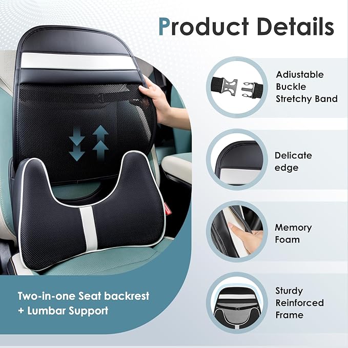 FLORICH Memory Foam Double Layer Breathable Mesh Lumbar Support Ergonomic Leather Lumbar Support Pillow with 3D Mesh Back Support and Adjustable Strap for CarSeat & Office Chair(Leather Black)