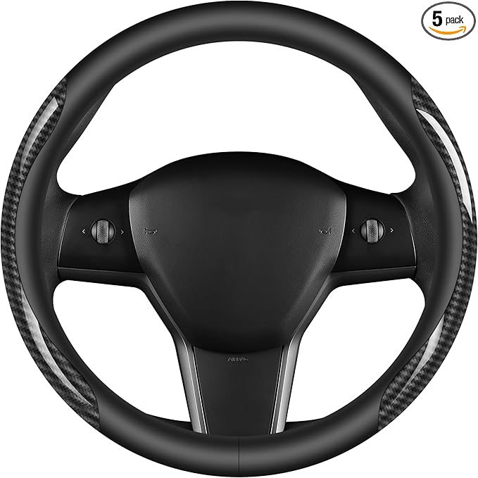 Nappa Leather car Steering Wheel Cover,Carbon Fiber Sports car Interior Non-Slip Ultrathin 15 inches Universal (Black)