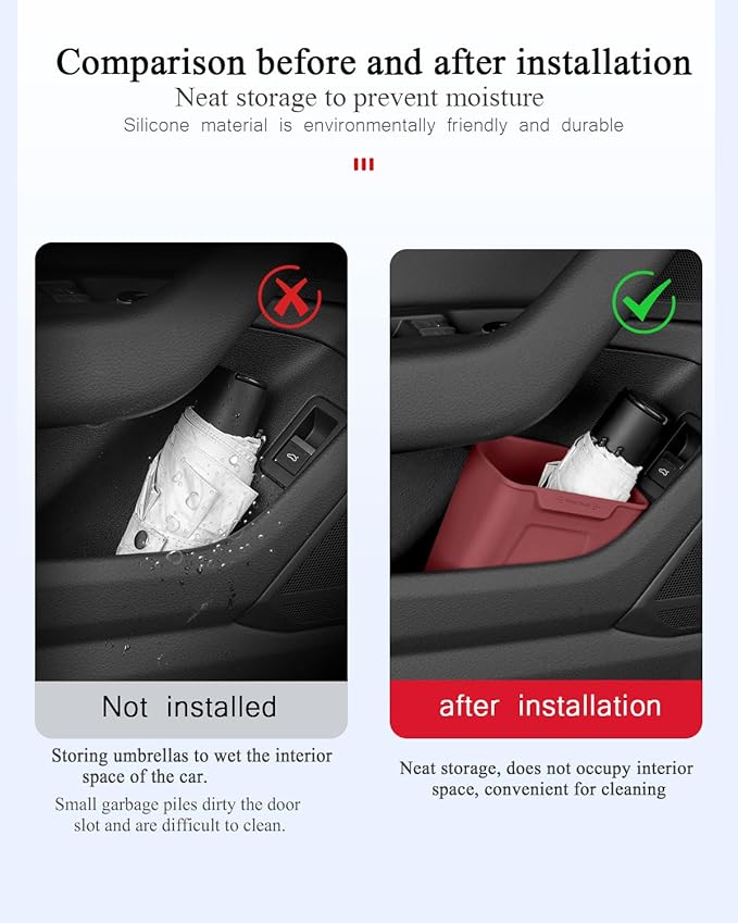 XmuxHai Car Interior Storage Box, Black Silicone Door Side Organizer with Umbrella Holder and Trash Can, Vehicle Accessory (Red)
