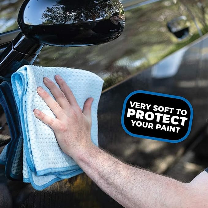 The Rag Company - Dry Me A River - Professional Korean 70/30 Blend, Microfiber Waffle-Weave, Drying & Detailing Towels, Soft Suede Edges, 390gsm, 16in x 24in, Light Blue (3-Pack)