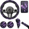 Purple Butterfly Car Steering Wheel Cover Set for Men Women Cute Mushroon Print Cup Coaster Car Armrest Cover Fits Most Cars Trucks Vans and SUV