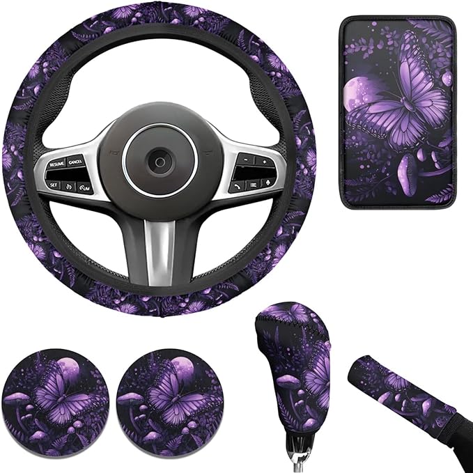 Purple Butterfly Car Steering Wheel Cover Set for Men Women Cute Mushroon Print Cup Coaster Car Armrest Cover Fits Most Cars Trucks Vans and SUV