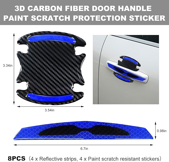 8PCS Car Door Handle Scratch Protector, 3D Carbon Fiber Car Door Handle Reflective Sticker Protective Film, Universal Auto Door Handle Scratch Paint Guard Night Visible Strip (Blue)