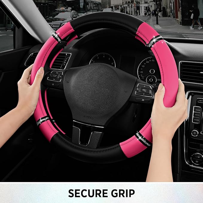Road Comfort Leather Steering Wheel Cover – Premium Anti-Slip Car Steering Wheel Grip Cover – Universal Fit for 14.5”–15.5” Cars, Trucks & SUVs - Hotpink