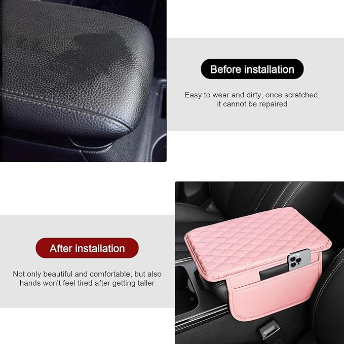Car Center Console Cover, Leather Armrest Cover Cushion with 2 Storage Bags, Auto Interior Arm Rest Seat Box Pad Accessories, Universal Armrest Organizer for Cars SUVs Truck and More (Pink)