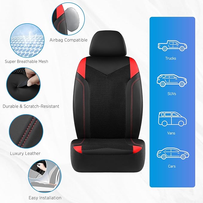 PIC AUTO Car Seat Cover, Super Breathable Mesh Front Seat Cover for Cars, Red Leather Seat Covers, Universal Fit, Durable, Airbag Compatible, Suitable for SUVs, Trucks, Sedans, and Vehicles