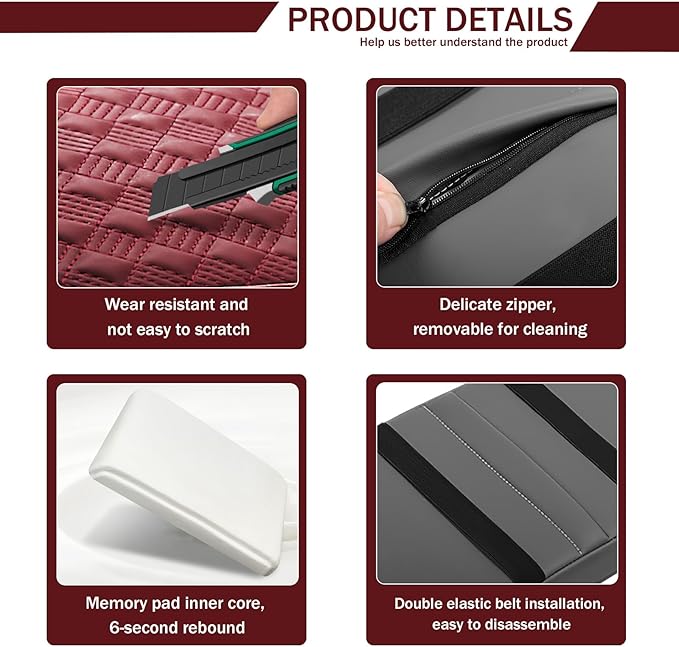 Hbxdeco Car Armrest Cushion, 12.2"×8.3" Leather Auto Memory Foam Center Console Pad with Storage Pocket, Waterproof & Anti-Scratch Elbow Pillow Armrest Seat Box Protector, Universal Fit (Red)
