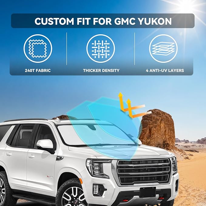 for GMC Yukon/Yukon XL 2021-2025 Windshield Sun Shade - 4 Layers Car Sunshades for Front Windows Shade Cover Custom Fit Yukon Sun Visor 240T Retractable Shade Blocks UV Rays Car Accessories