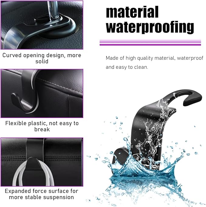 4 PCS Car Seat Headrest Hooks, Auto Backseat Organizer Hanger Holder, Vehicle Seat Back Storage Hooks for Purse Coat Umbrella Grocery Bag Handbag, Interior Car Accessories (Black)