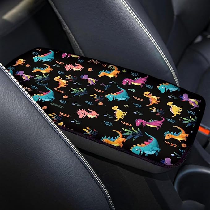 Mintutlipy Cute Dinosaur Print Car Center Console Cover Universal Fit Wear Proof Automotive Armrest Protector Easy to Install Smooth Fabric