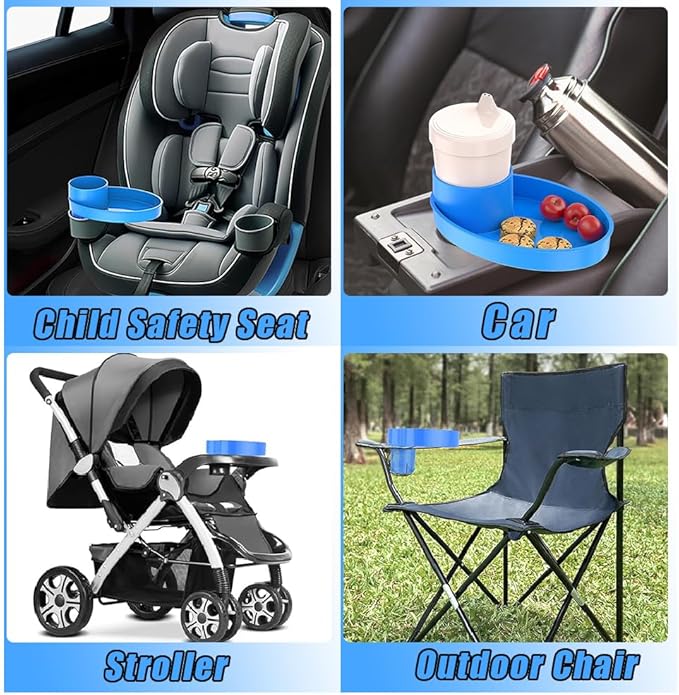 Car Seat Tray - for Cup Holders in 2.5”-2.8”,Easily Expands Snack Tray Cup Holder Tray into 360° Cup & Travel Tray for Kids Car Seat, Booster, and Stroller (Blue)