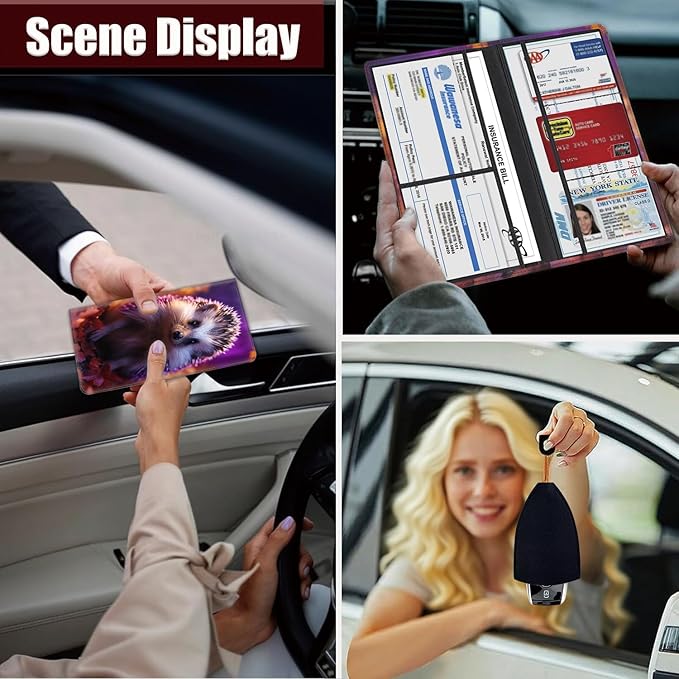 Yuxcfhjfe Car Registration and Insurance Holder, PU Leather Auto Document Holder for Men&Women, Vehicle Glove Box Compartment Organizer with Magnetic Shut for Driver's License, Spiny Hedgehog Pattern