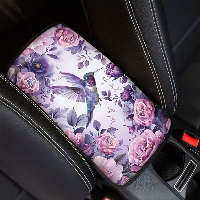 Hummingbird Purple Floral Print Auto Center Console Cover Arm Rest Cover for SUV Truck,Soft Car Arm Rest Cover Universal Fit