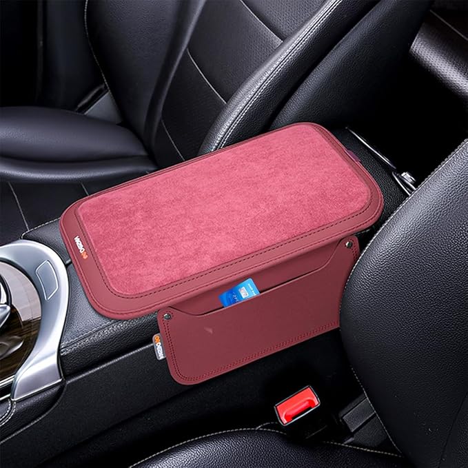 Car Center Console Cover, Leather Furry Fluffy Armrest Seat Box Cushion Pad with 2 Storage Bags, Comfortable Auto Interior Middle Console Protector, Compatible with Most Vehicle (Wine Red)