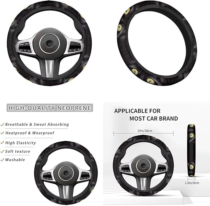 6 Pcs Black Cat Car Steering Wheel Covers Set Animal Cat Auto Interior Accessories Cup Holder Armrest Pad Seatbelt Cushion for Mens Womens