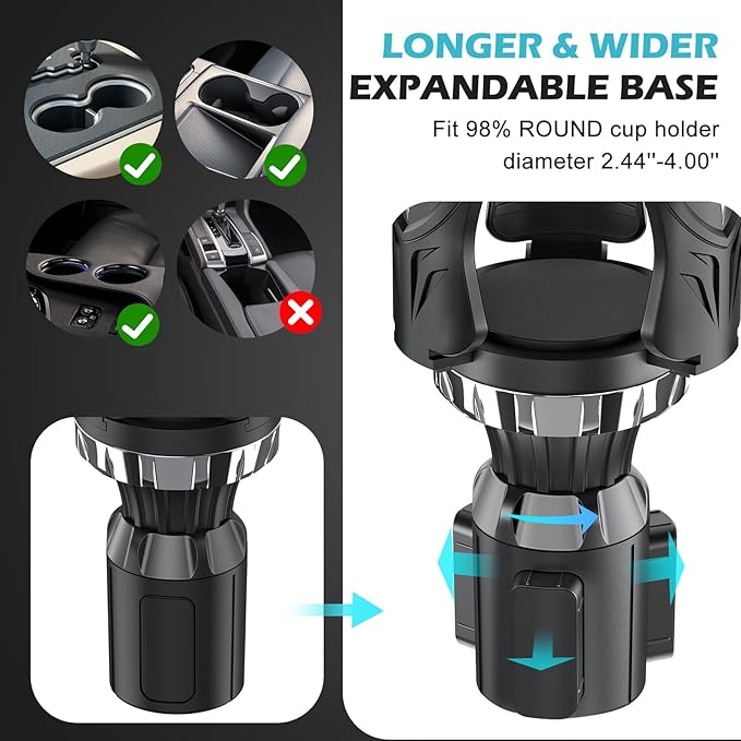 Cup Holder Expander Adapter - | Adjustable | Expandable Base for Car, Easkkty All Purpose Car Cupholder Extender with Rubber Fits Most 24/32//40oz Large Water Bottles & Mugs & Foods