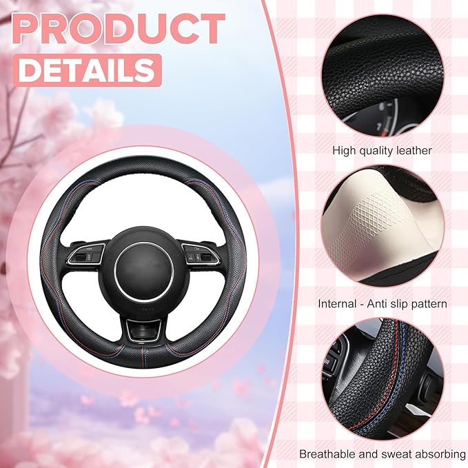 Black Car Steering Wheel Cover, Slip-Proof Breathable Comfort PU Leather Cute Universal Protector Cars Interior Accessories for Women Girl Fit Most Vehicle (Black)