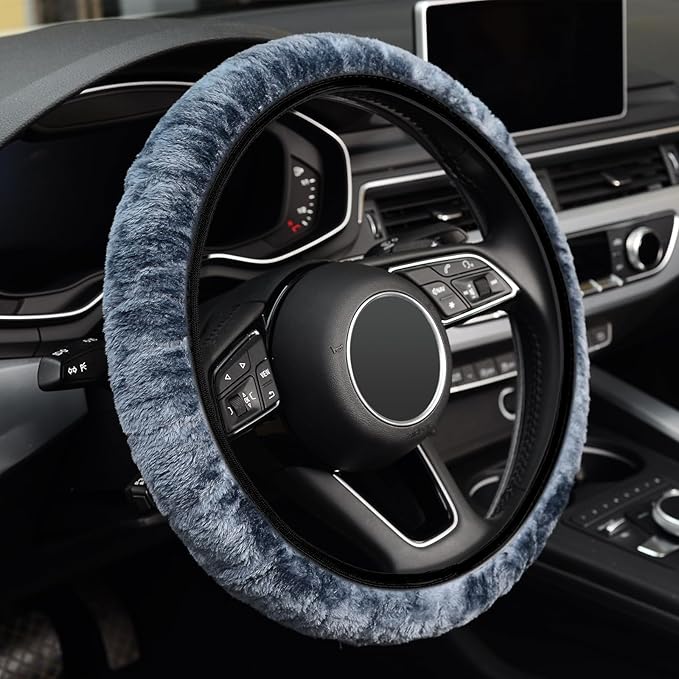 KAFEEK Elastic Long Microfiber Plush Steering Wheel Cover for Winter Warm, Universal 15 inch, Anti-Slip, Odorless, Gray
