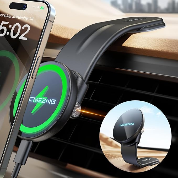 ACMEZING Only for iPhone 15W MagSafe Car Mount Charger, 360% Adjustable Aluminum Alloy Arm, Relocatable Car Phone Holder, Magnetic Wireless Fast Charging, Cell Phone Holder for All Car Models, Black
