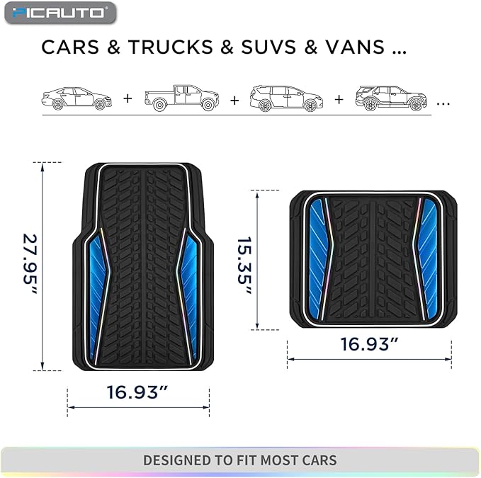 PIC AUTO Car Floor Mats, Blue Aluminum-Molded with Full-Circle Iridescent Inlay Strip Car Mats, Universal-Fit Rubber Mats for Cars, Trucks & SUVs, All-Weather, Non-Slip, Easy-to-Clean Interior Mats