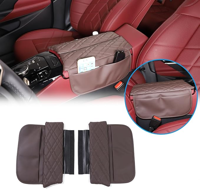 Car Center Console Cover Compatible with BMW 5 Series G60 2024 Sedan,Center Seat Armrest Cover Pad Leather Cushion Anti-Scratch Protector with Side Mobile Phone Storage Pockets 2PCS (Coffee Color)