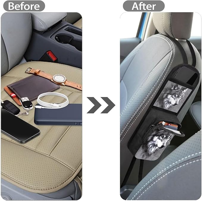 Grey Wolf Car Seat Storage Bag Universal Car Seat Back Side Hanging Bag, Car Multi-Pocket Seat Side Organizer, Can Hold Mobile Phone, Wallet, Glasses
