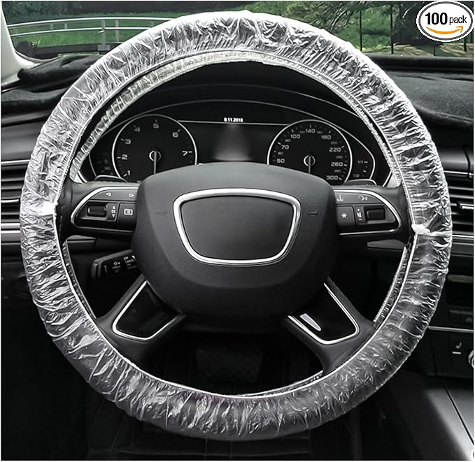 100PCS Disposable Car Steering Wheel Cover, Plastic Transparent Steering Wheel Protector with Elastic Trim, Universal Flexible Wheel Cover for Most Vehicles, Car Accessories