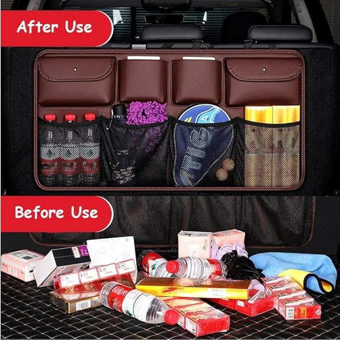 Trunk Organizer for Volvo XC90 XC70 XC60 XC40 V90 V70 V60 V40, Vehicle Hanging Back Seat Boot Bag Car Leather Cargo Storage Bags Waterproof Multifunction Accessories,B/Coffee