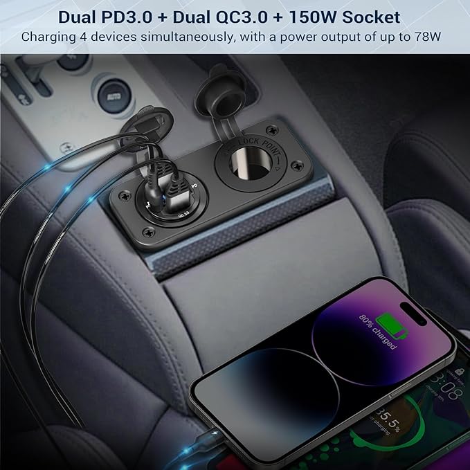 Qidoe Cigarette Lighter Socket 12 Volt USB Outlet Dual 30W PD & Dual Quick Charge 3.0 18W, 300W Socket Aluminum Metal Charger Panel with LED Voltmeter for Marine Car RV Motorcycle Golf Cart, etc