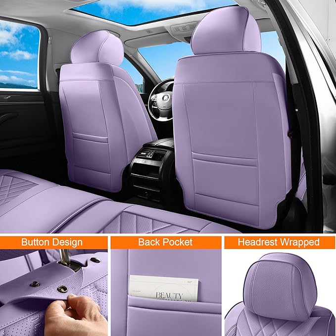 GEZHOUBA Purple Car Seat Covers Front Seats, Luxury Leather Purple Seat Covers with Lumbar Support, Waterproof Car Front Seat Protector Universal Fit for Most Cars Trucks Pick-ups SUVs