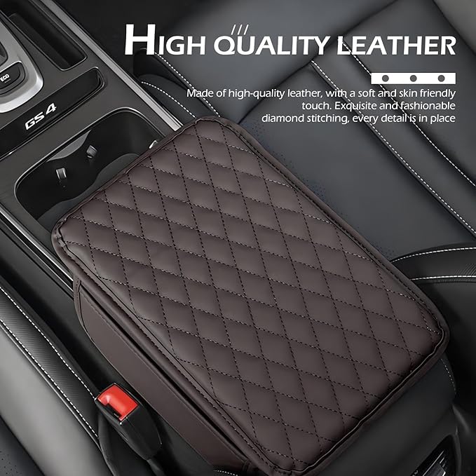 Center Console Cover, Microfiber Leather Arm Rest Cover Cushion with 2 Storage Bags, Middle Console Protective Cover, Car Accessories for Women, Universal for Trucks, Cars, SUVs (Brown)