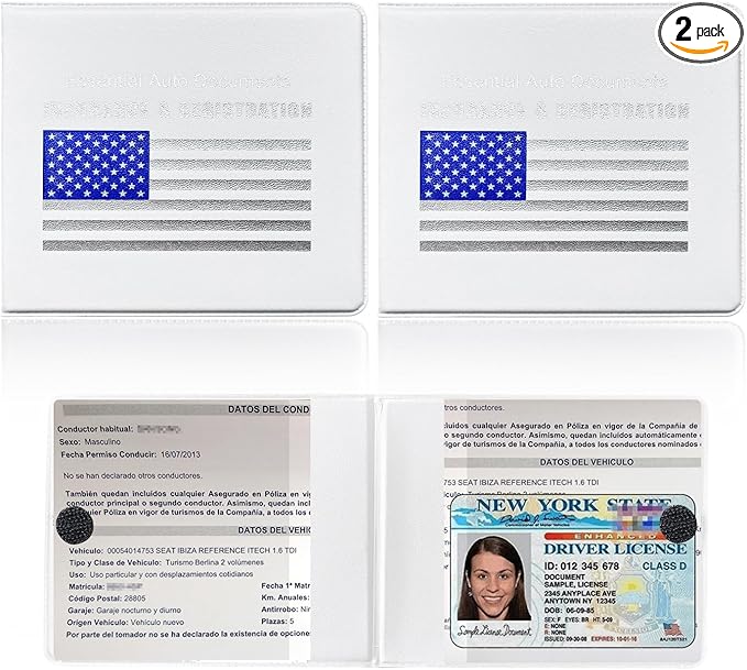 Ziciner Car Registration Insurance Holder, 2Pack Essential Auto Card Document Glove Box Organizer with Touch Fastener, Vehicle Interior Accessories Perfect for Most Car, Truck, SUV (White/Blue Flag)