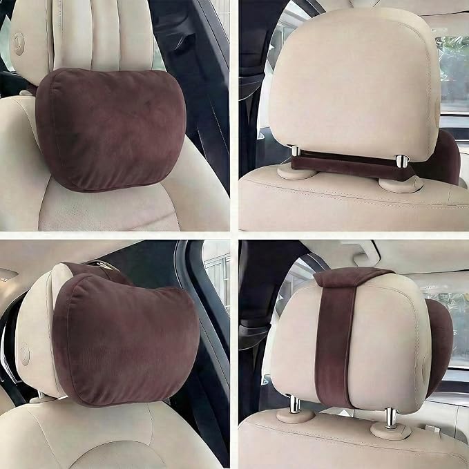 2PCS Car Pillow for Car Neck Pillow for Driving Seat Leather Neck Support Soft Cushion Back Support Head-Rests for Vehicle Sleeping with Elastic Adjustment Strap (Coffee, Head and Lumbar)