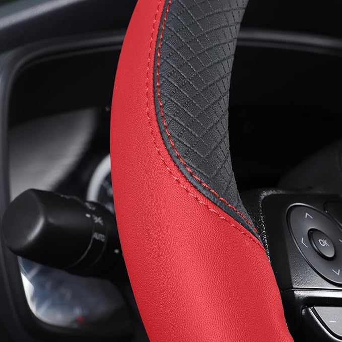 Auto Car Leather Steering Wheel Cover Anti Slip Wrap 15" (Red)