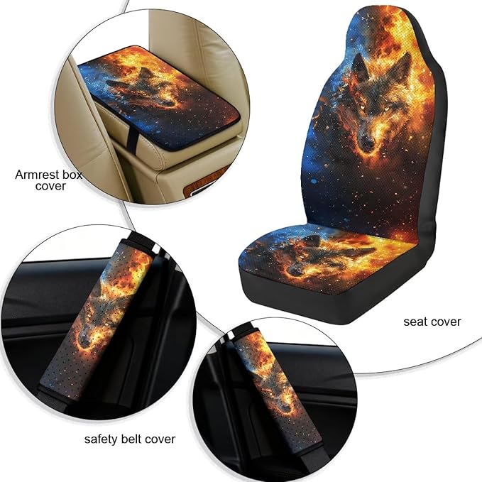 Qeluxign Fire Wolf Head PU Leather Car Seat Cover Set of 5 Auto Accessories 2 Front Bucket Seat Covers, 2 Seatbelt Pads & 1 Armrest Cover, Easy to Install