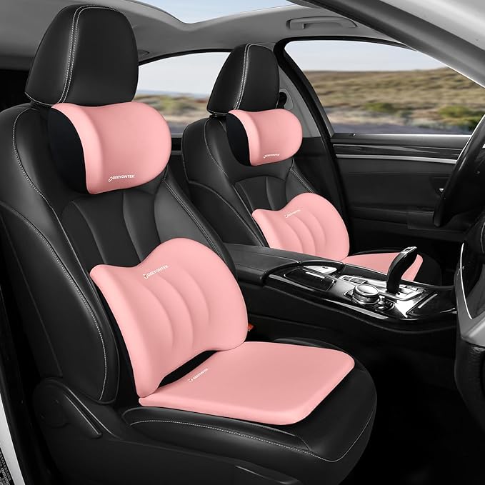 GEEYONTEK Car Seat Cushion with Neck Pillow & Lumbar Support Kit Back Sciatica Tailbone Pain Relief Car Pillows Ergonomic Memory Foam Back Support for Driving Seat Office Chair Wheelchair Pink