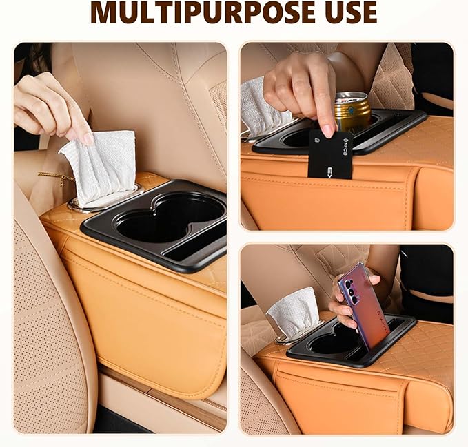 Multifunctional Car Armrest Cushion with Integrated Booster, 2026 Upgraded Universal Style Memory Cotton Car Armrest Box Pad, Car Center Console Armrest Pillow, with 2 Cup Holder (Coffee)