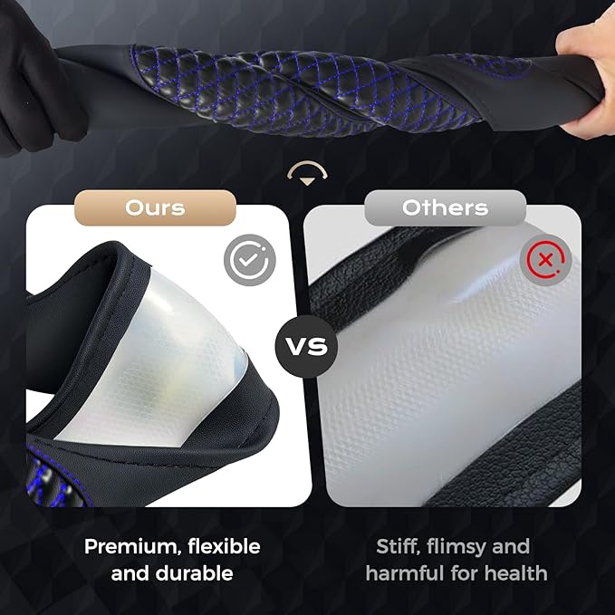 Coverado Car Steering Wheel Cover, Nappa Leather Black & Blueline Steering Wheel Covers, Universal 14-15 inch, Anti-Slip, Breathable Steering Wheel Protector for Women Men