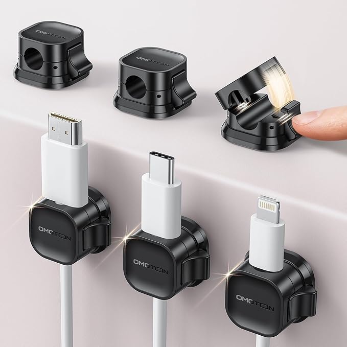 6Pack Cord Organizer, [1s Lock Dual Spring] Adhesive Cable Clips - OMOTON Cable Holder Wire Clips, Under Desk Cable Management, Phone Charger Cord Holder for Nightstand, Office Accessories