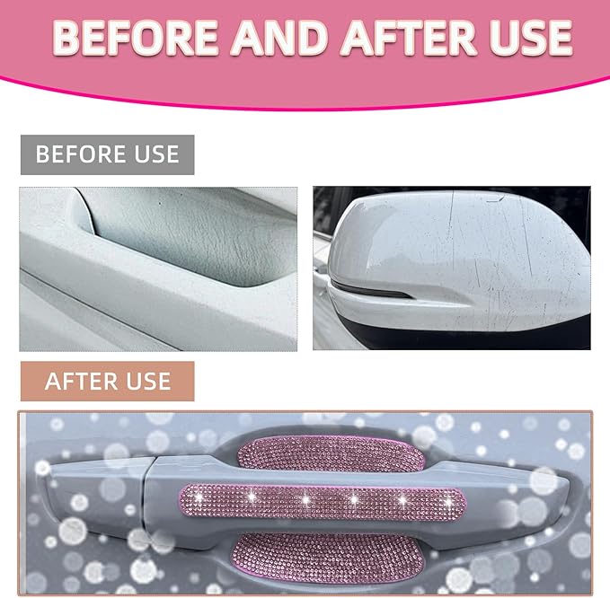 10 pcs Bling Diamond Car Door Handle Stickers, Bling Car Accessories for Women, Universal Rhinestone Crystal Glitter Door Handle Protector Stickers and Decals, Scratch Safety Reflective (Pink)
