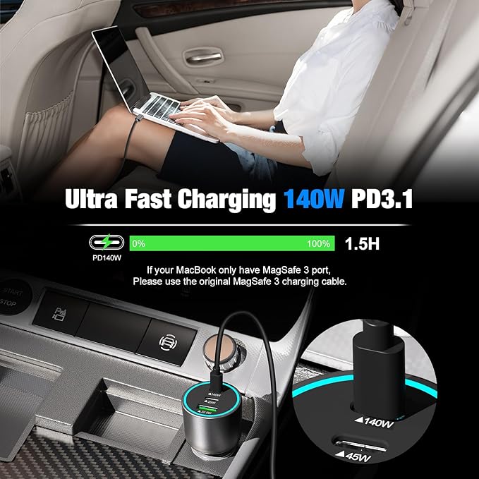140W USB C Car Charger, Super Fast Charging for iPhone 17 Pro Max/16/MacBook Pro/Air/Samsung S25, Drone, Laptop, Starlink Mini, PD3.1&PPS 45W Type C Cigarette Lighter Adapter with a 100W E-Mark Cord